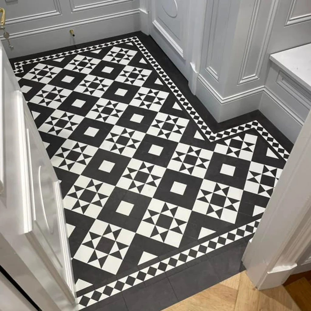 Black-and-white patterned floor from Transform’s public gallery